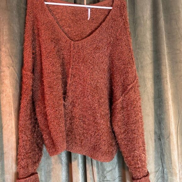 Free People Oversized Brown Icing Soft Fuzzy V-Neck - Picture 2 of 8